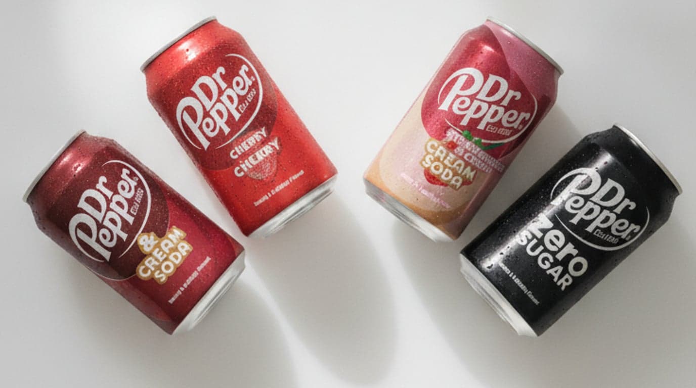 a colorful tasting flight of Dr Pepper flavor cans fanned out