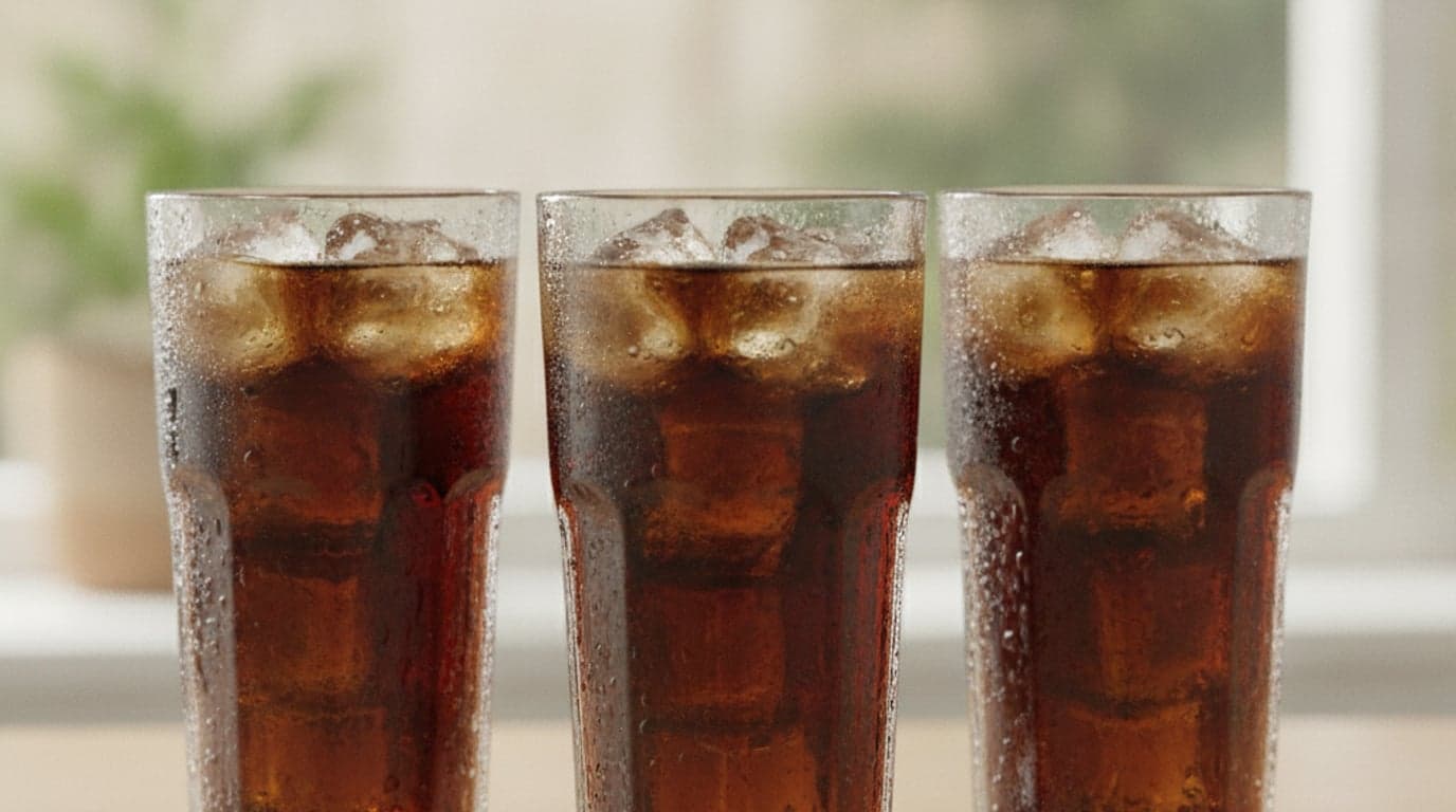 three glasses of dark cola over ice side by side for comparison