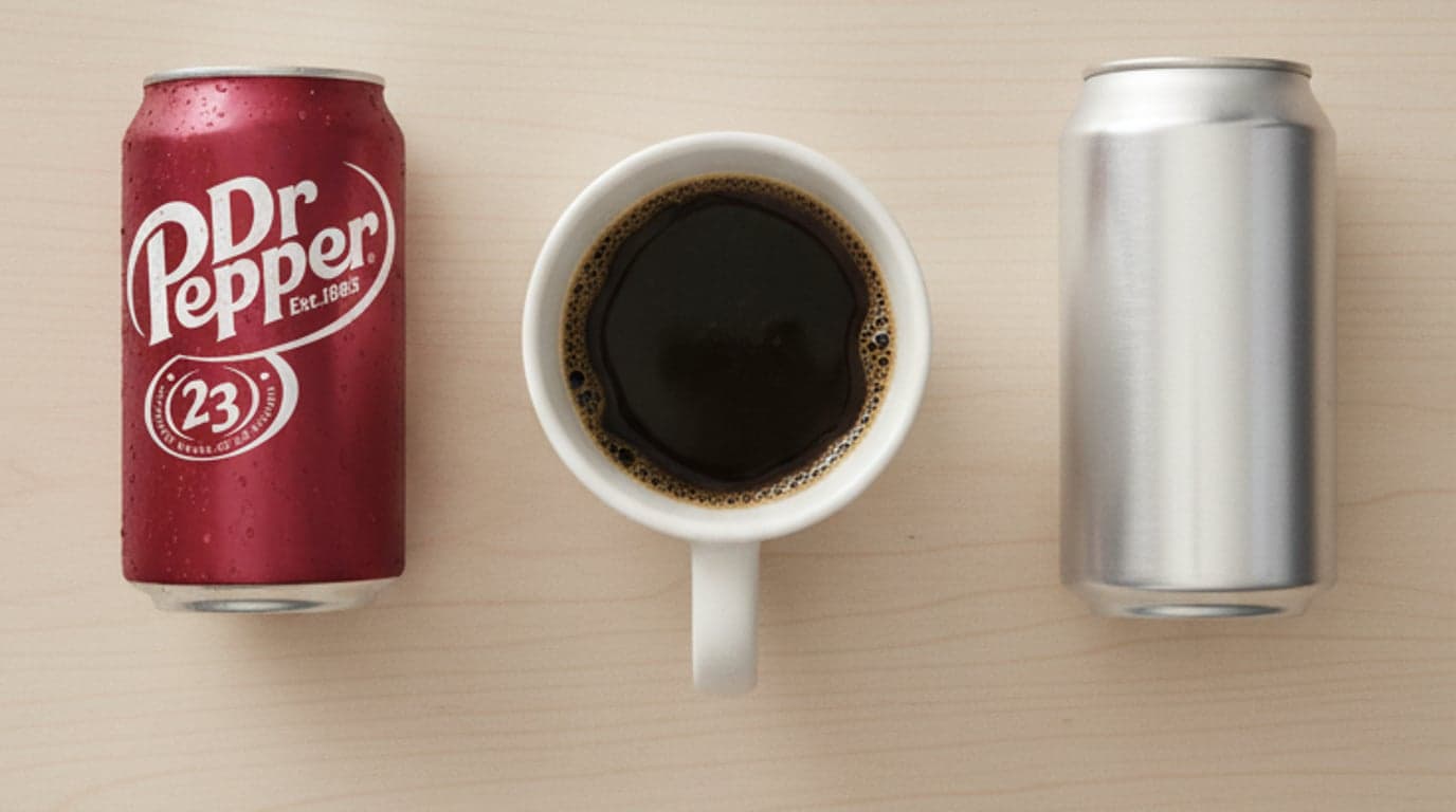 A chilled can of Dr Pepper beside a mug of black coffee, showing the caffeine size difference