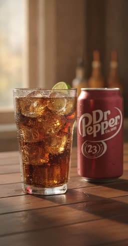 A tall highball glass of dark amber soda and almond liqueur over ice with a lime wedge on the rim, beads of condensation on the glass, on a wooden bar top beside a can of Dr Pepper