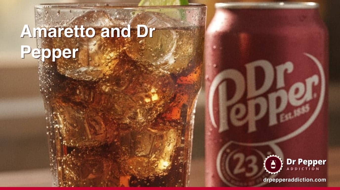 A tall highball glass of dark amber soda and almond liqueur over ice with a lime wedge on the rim, beads of condensation on the glass, on a wooden bar top beside a can of Dr Pepper