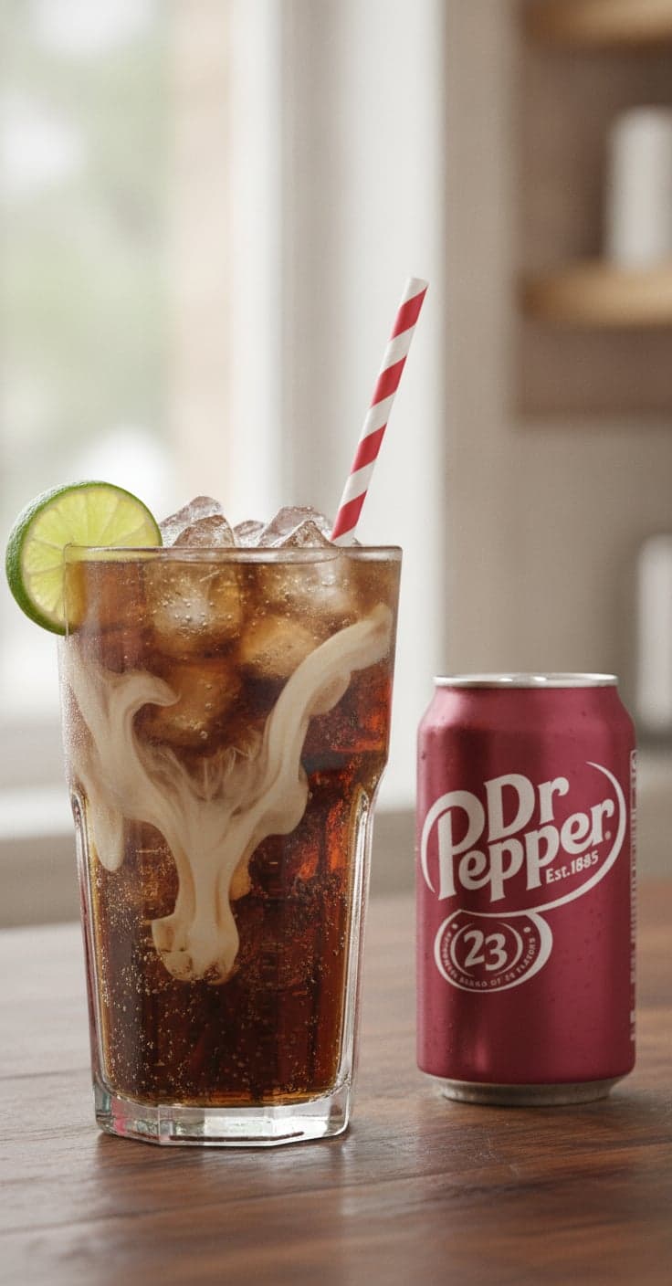 A tall glass of Dr Pepper over pebble ice with swirls of cream, a lime wedge on the rim and a straw
