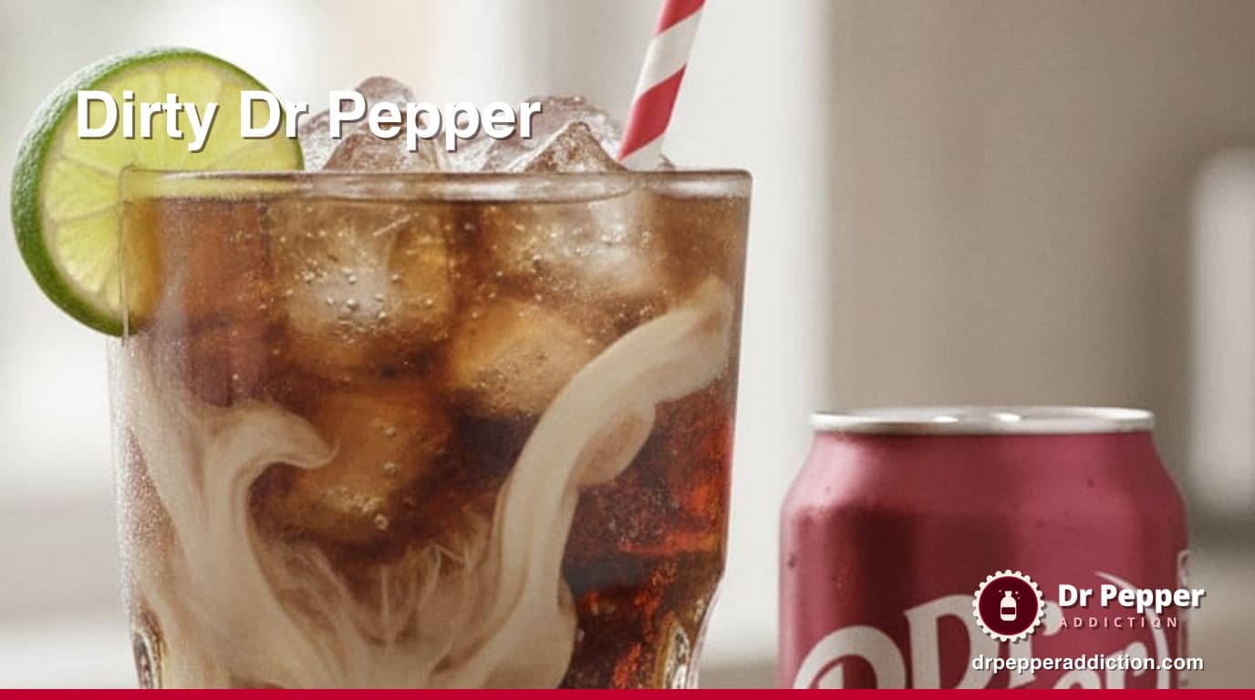A tall glass of Dr Pepper over pebble ice with swirls of cream, a lime wedge on the rim and a straw