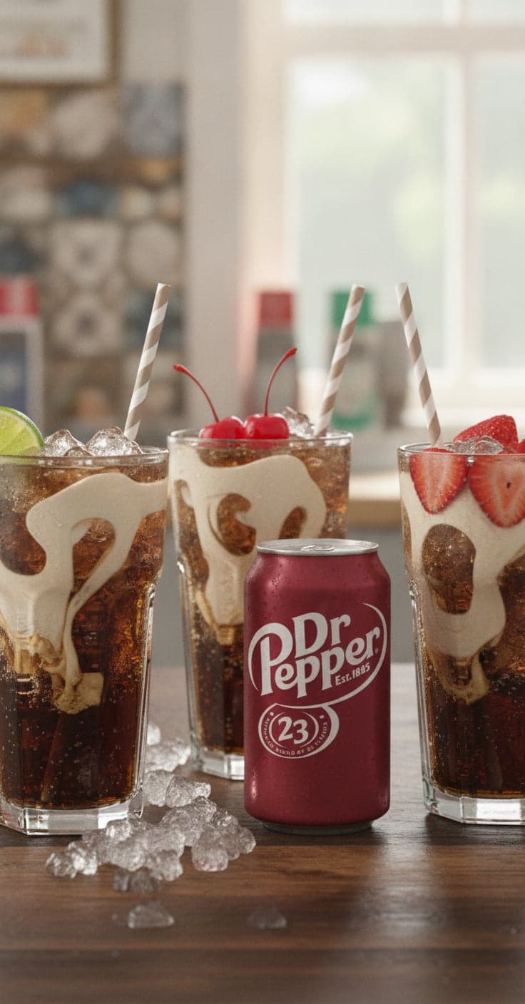 Three tall glasses of dark Dr Pepper dirty soda over pebble ice with cream swirling through, garnished with lime, cherries and strawberries