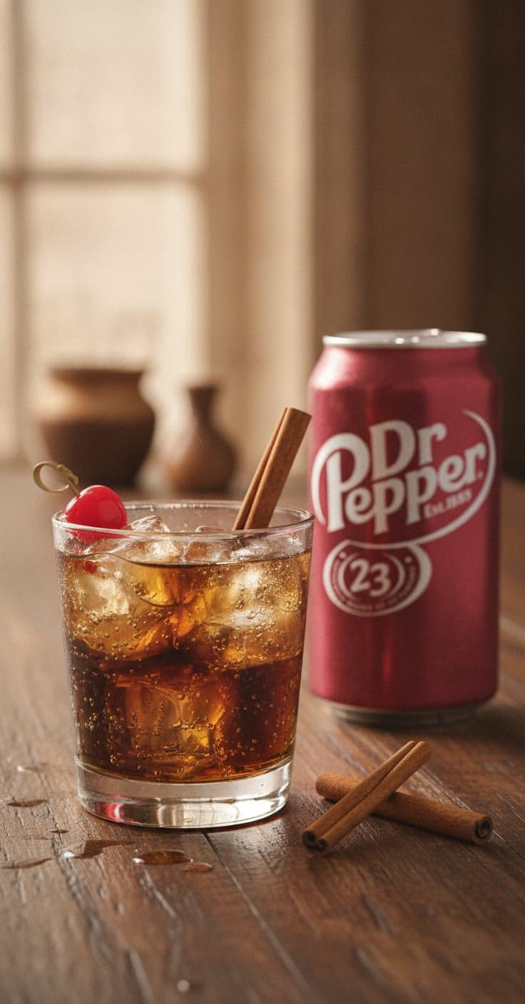 A short rocks glass of dark Dr Pepper and cinnamon whisky over ice with a cinnamon stick and a cherry, on a dark bar top