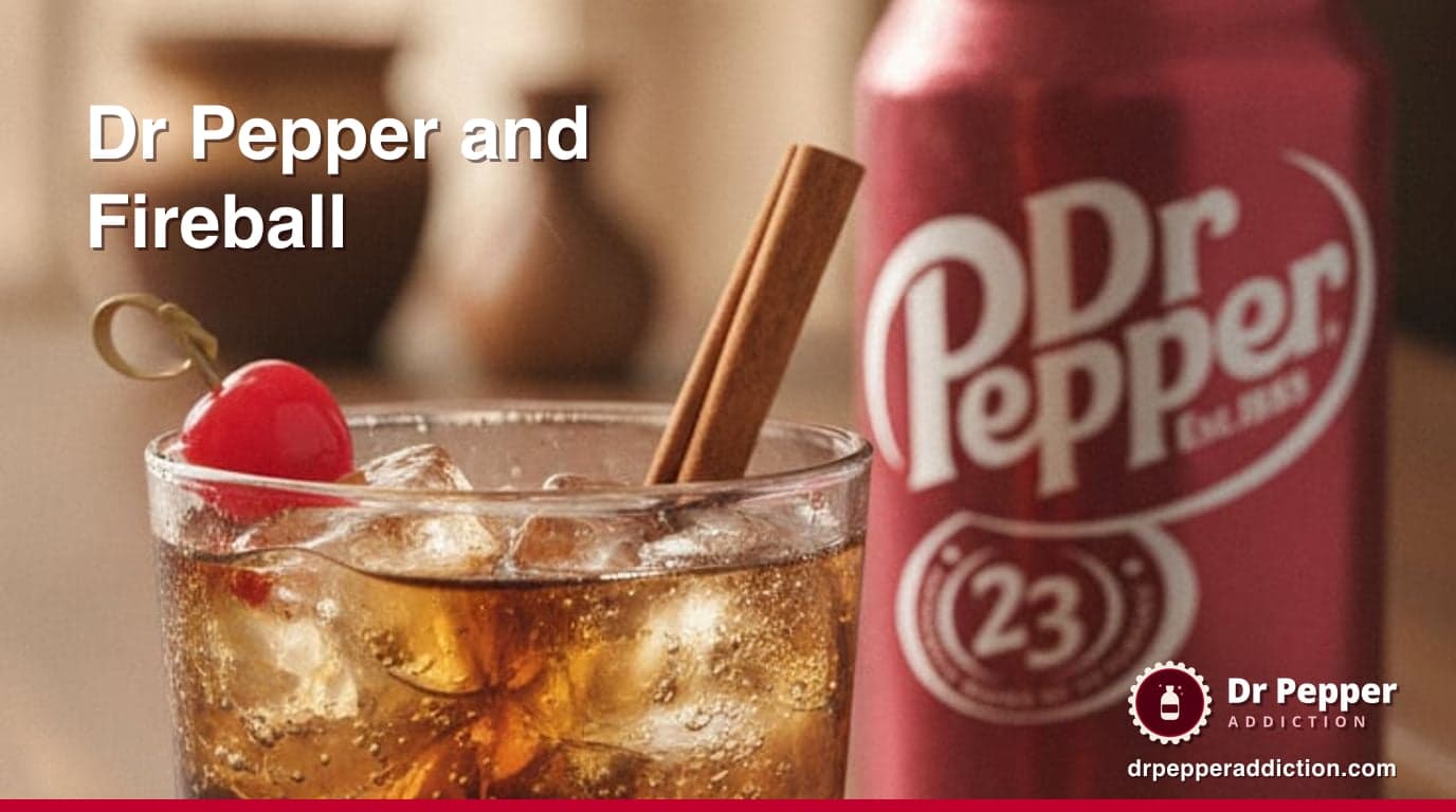 A short rocks glass of dark Dr Pepper and cinnamon whisky over ice with a cinnamon stick and a cherry, on a dark bar top