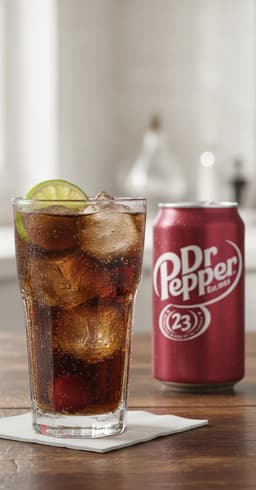 A tall highball glass of dark Dr Pepper and vodka over ice with a lime wheel and a cherry, beads of condensation on the glass