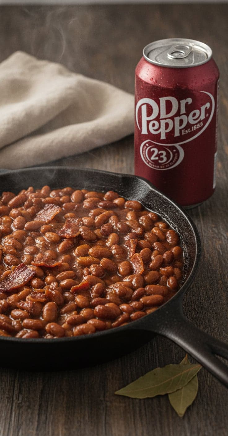 A cast-iron skillet of saucy Dr Pepper baked beans with bacon, a can of Dr Pepper beside it