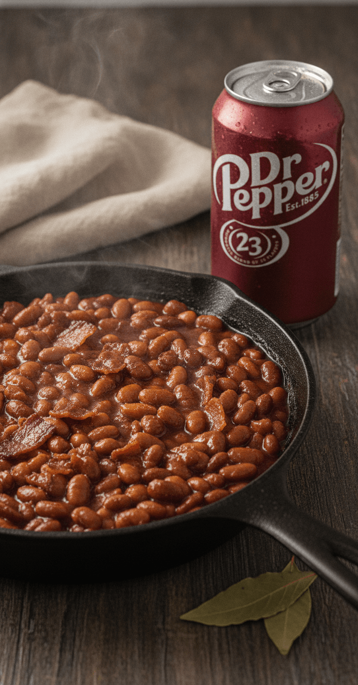 A cast-iron skillet of saucy Dr Pepper baked beans with bacon, a can of Dr Pepper beside it