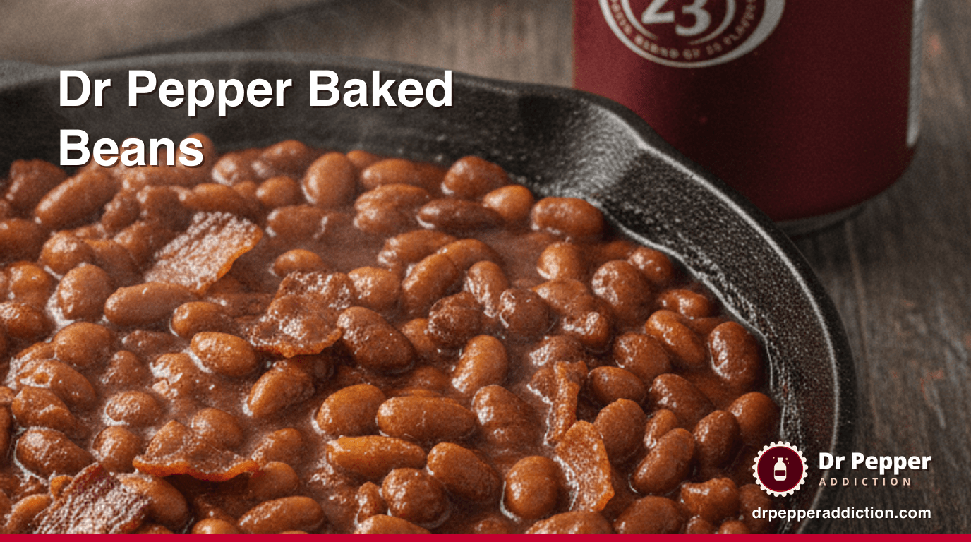 A cast-iron skillet of saucy Dr Pepper baked beans with bacon, a can of Dr Pepper beside it