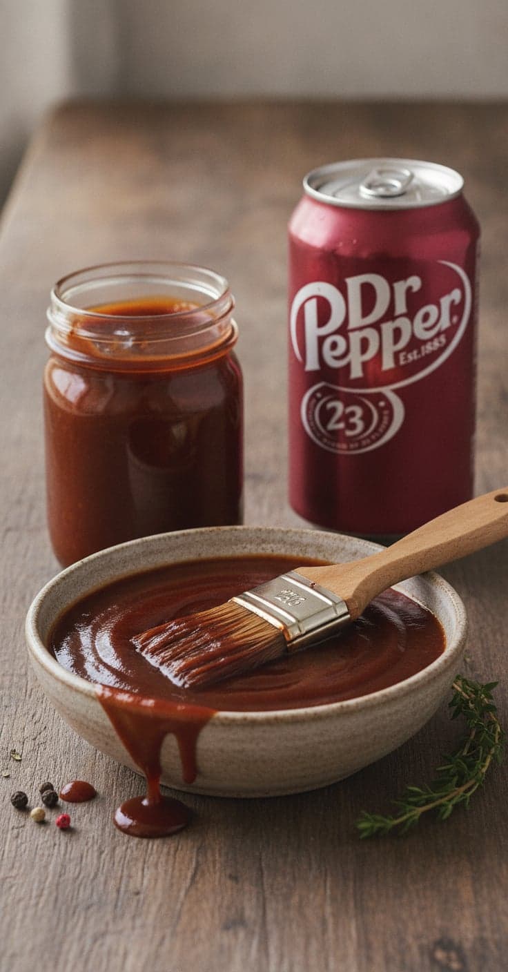 A jar and bowl of dark, glossy Dr Pepper barbecue sauce with a basting brush, a can of Dr Pepper beside it