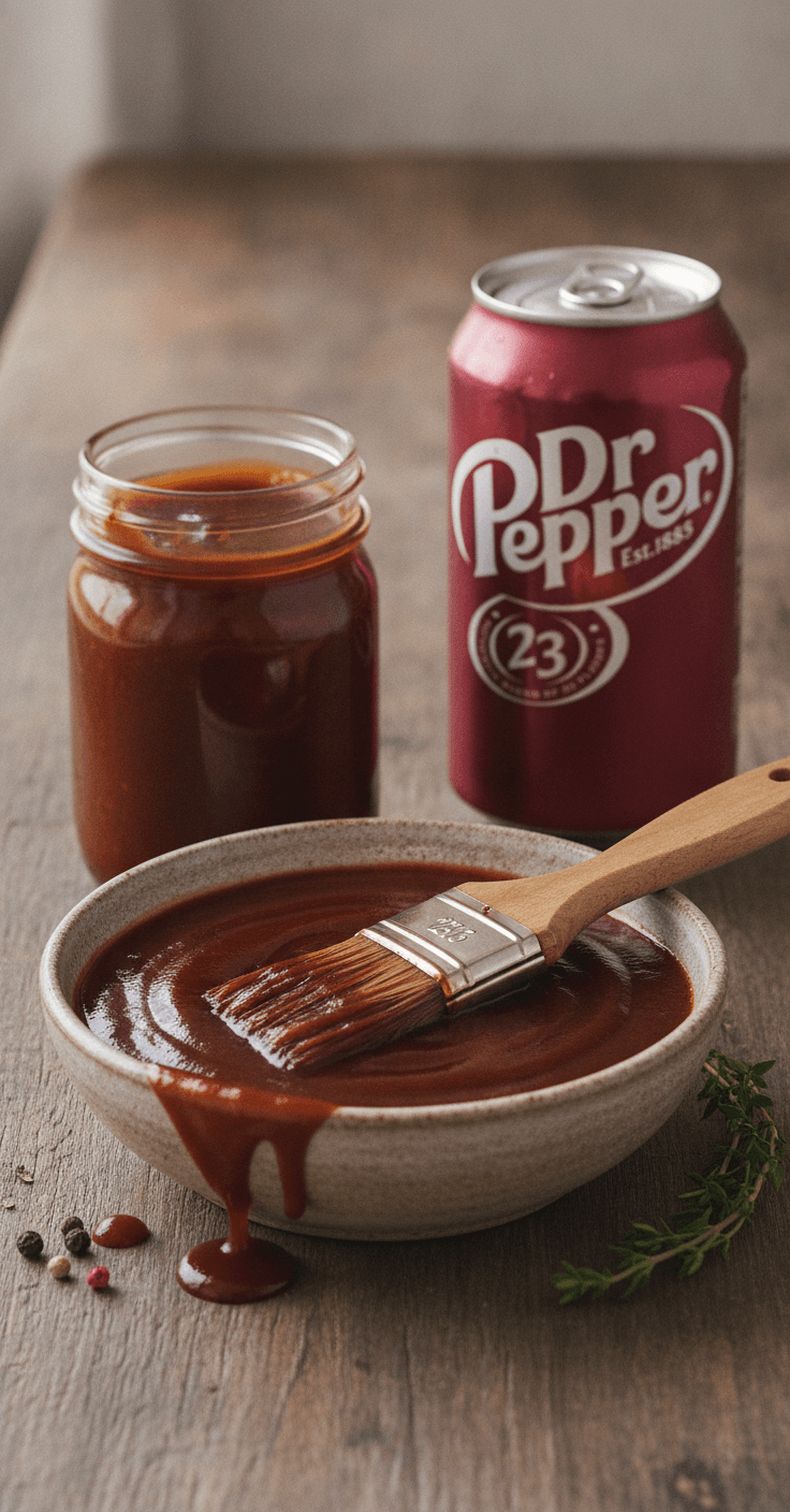 A jar and bowl of dark, glossy Dr Pepper barbecue sauce with a basting brush, a can of Dr Pepper beside it