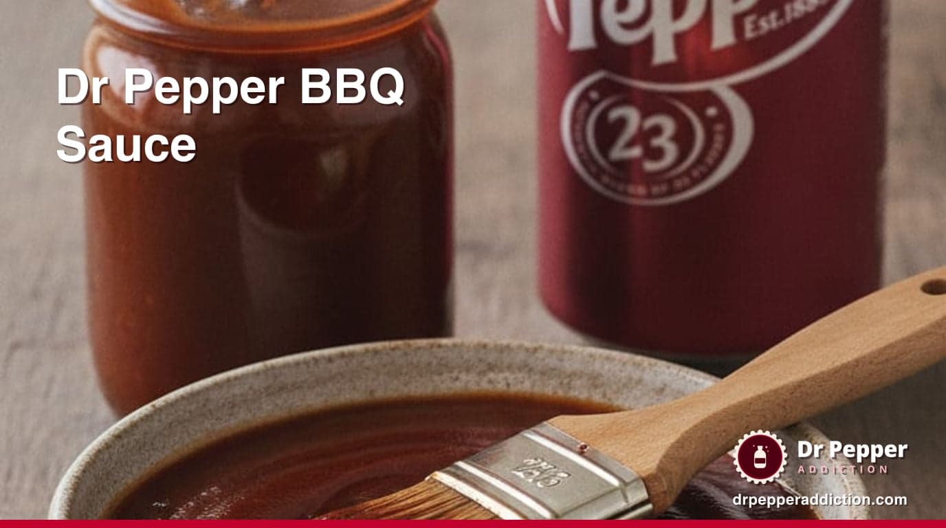 A jar and bowl of dark, glossy Dr Pepper barbecue sauce with a basting brush, a can of Dr Pepper beside it