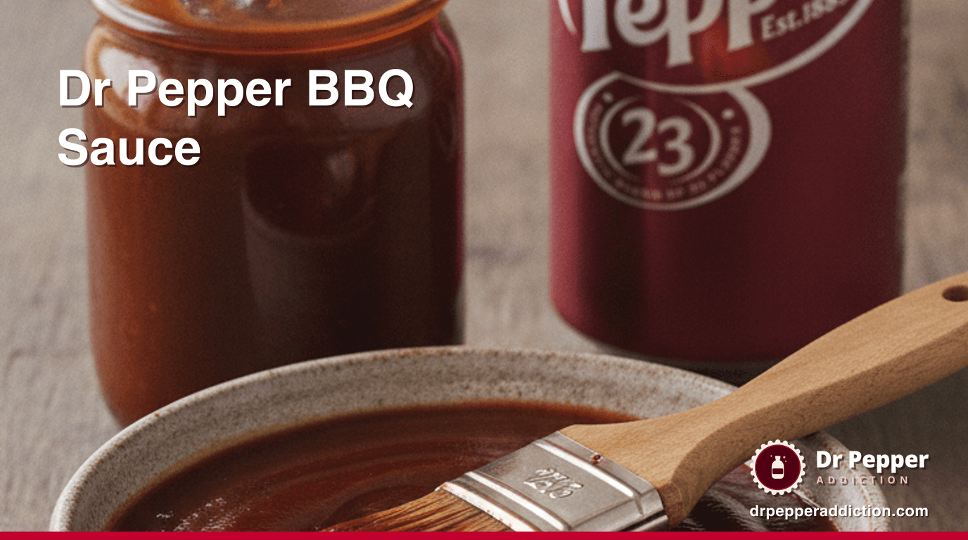 A jar and bowl of dark, glossy Dr Pepper barbecue sauce with a basting brush, a can of Dr Pepper beside it