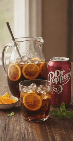 A pitcher and glass of Dr Pepper bourbon punch with orange and lemon slices, a can of Dr Pepper beside it