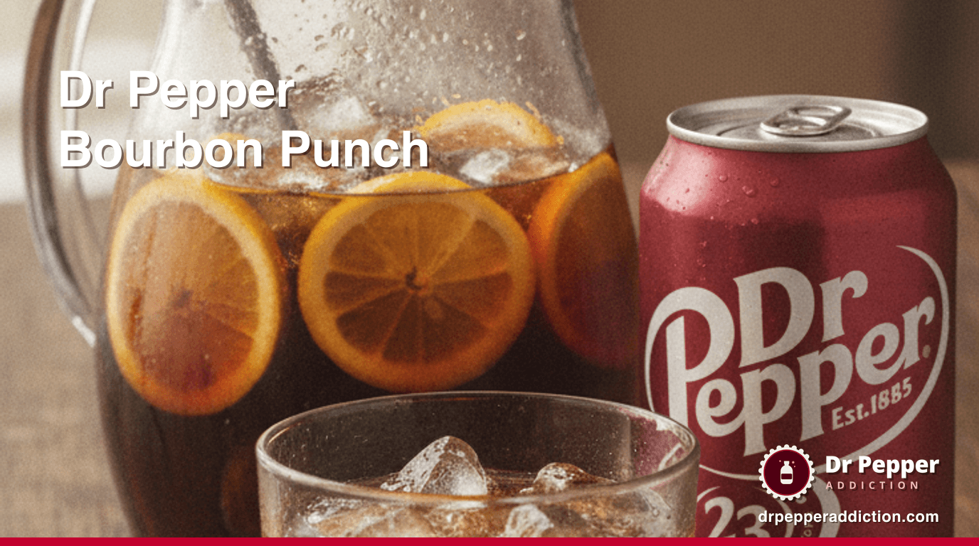 A pitcher and glass of Dr Pepper bourbon punch with orange and lemon slices, a can of Dr Pepper beside it