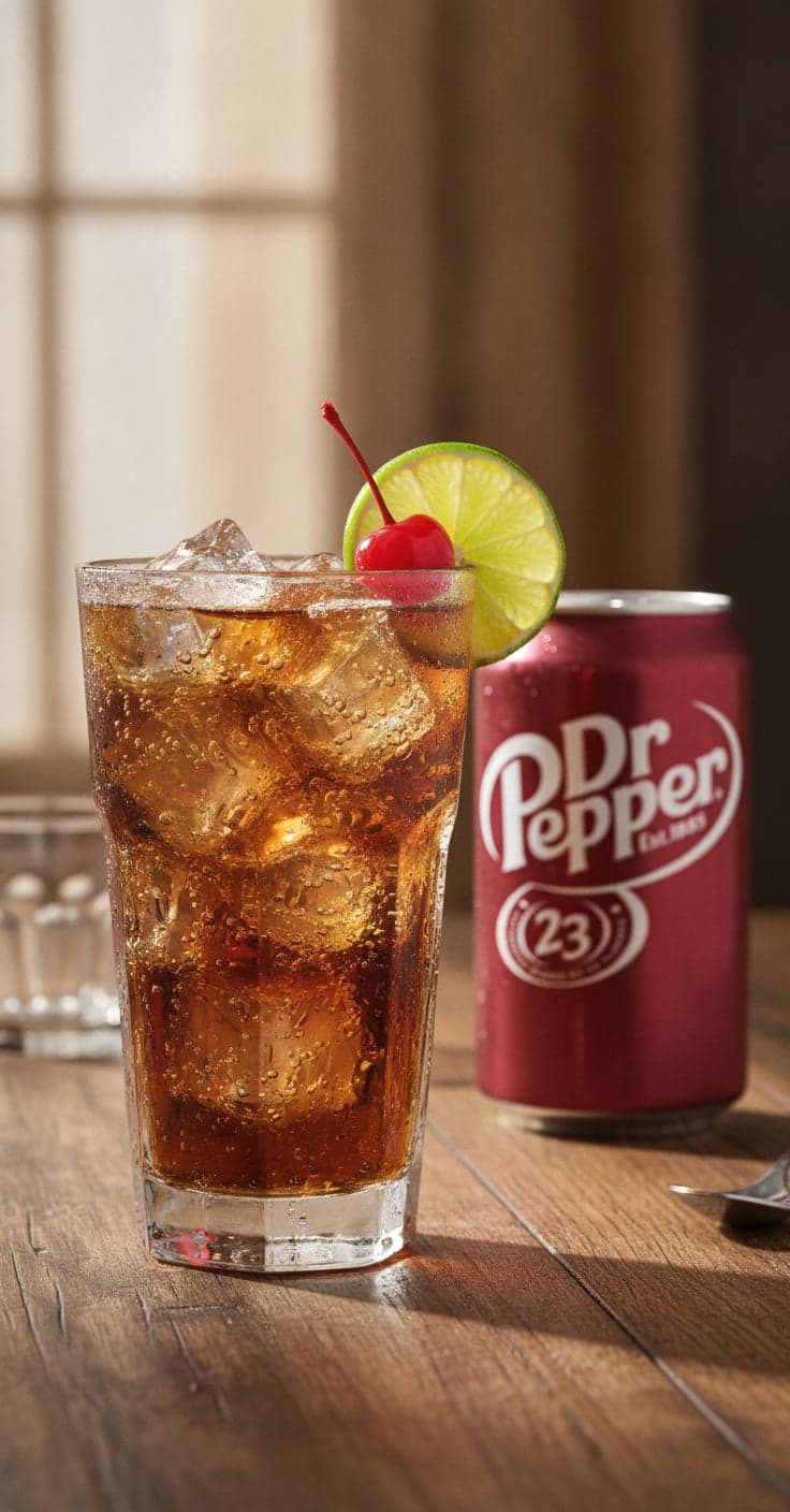 A tall Dr Pepper bourbon smash over ice with a lime wheel and cherry, a can of Dr Pepper beside it