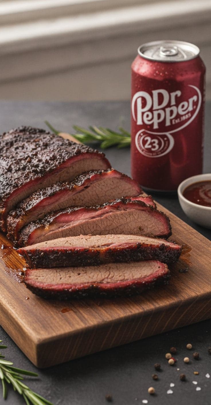 Sliced Dr Pepper braised brisket with a pink smoke ring fanned on a board, a can of Dr Pepper beside it