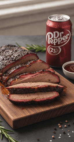 Sliced Dr Pepper braised brisket with a pink smoke ring fanned on a board, a can of Dr Pepper beside it