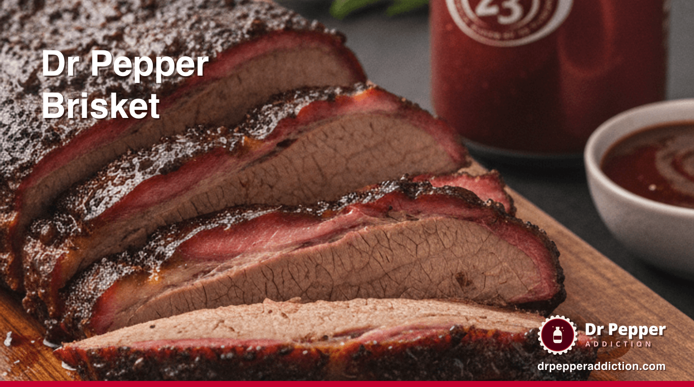 Sliced Dr Pepper braised brisket with a pink smoke ring fanned on a board, a can of Dr Pepper beside it
