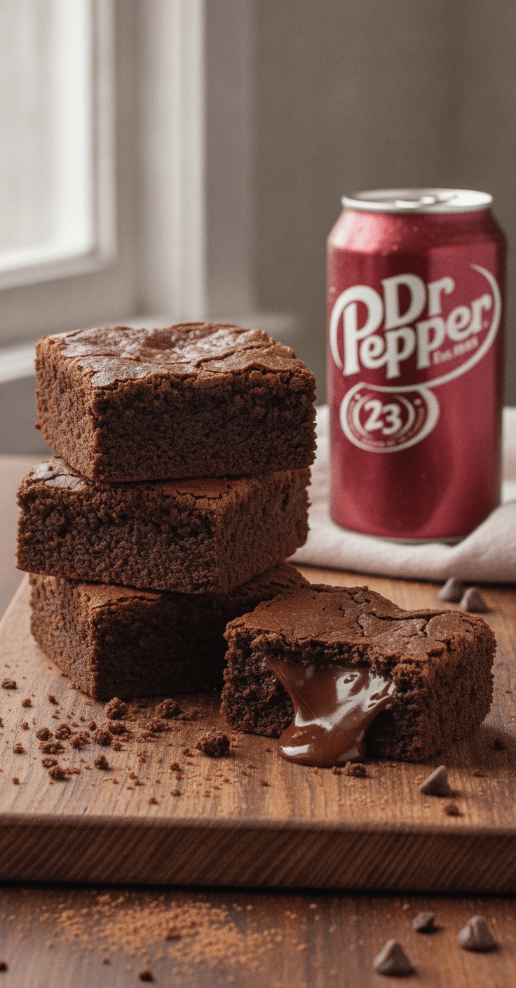 A stack of fudgy Dr Pepper brownies with a gooey center, a can of Dr Pepper beside it