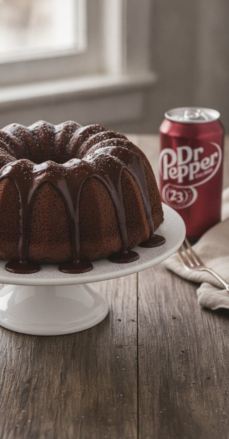 A Dr Pepper chocolate bundt cake with glossy glaze dripping down the ridges, a can of Dr Pepper beside it