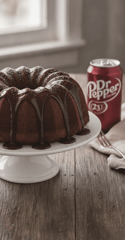 A Dr Pepper chocolate bundt cake with glossy glaze dripping down the ridges, a can of Dr Pepper beside it