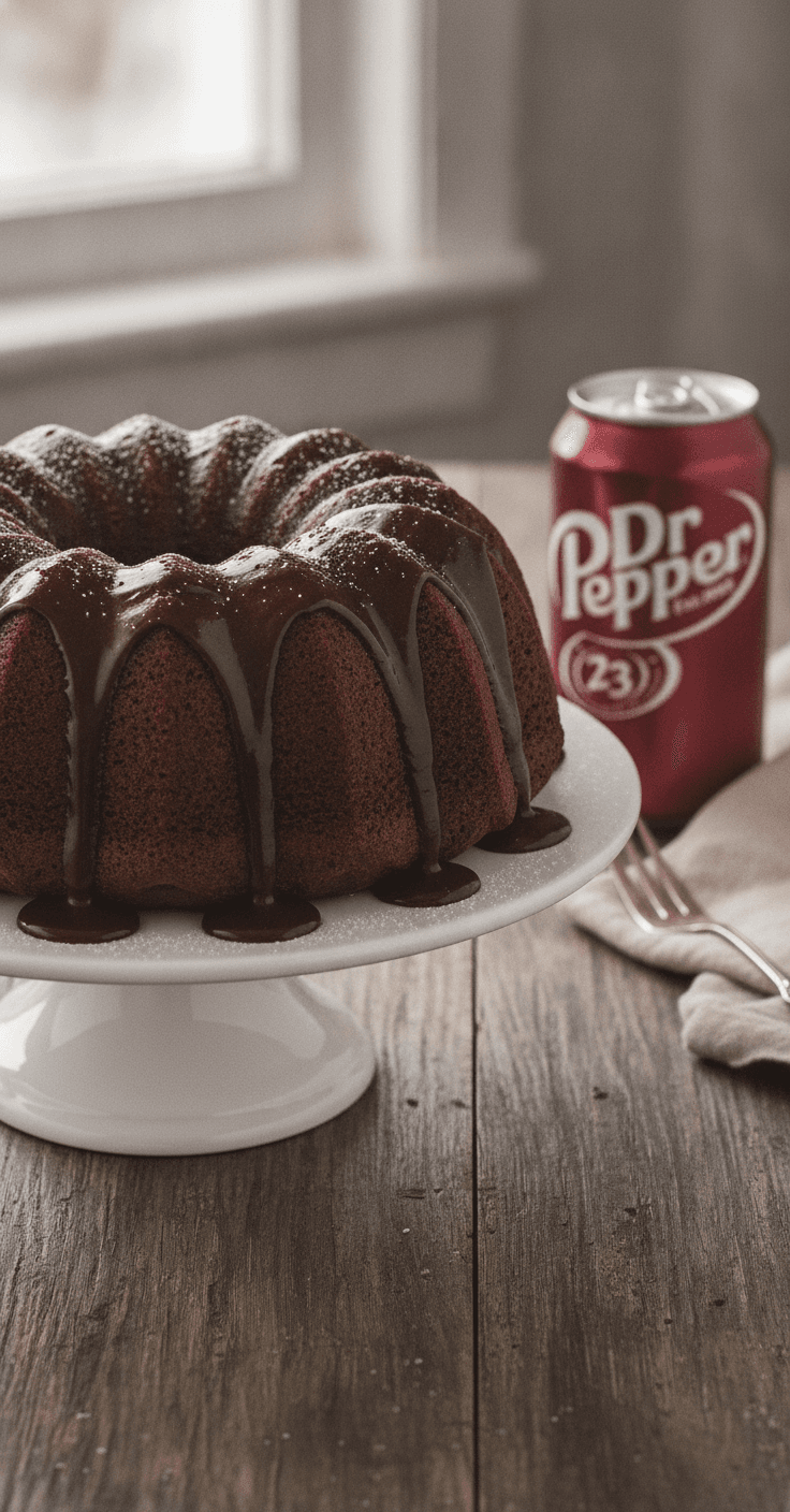 A Dr Pepper chocolate bundt cake with glossy glaze dripping down the ridges, a can of Dr Pepper beside it