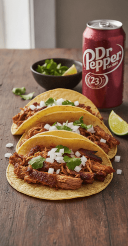 Three Dr Pepper carnitas tacos with crispy pork, onion, cilantro and lime, a can of Dr Pepper beside it
