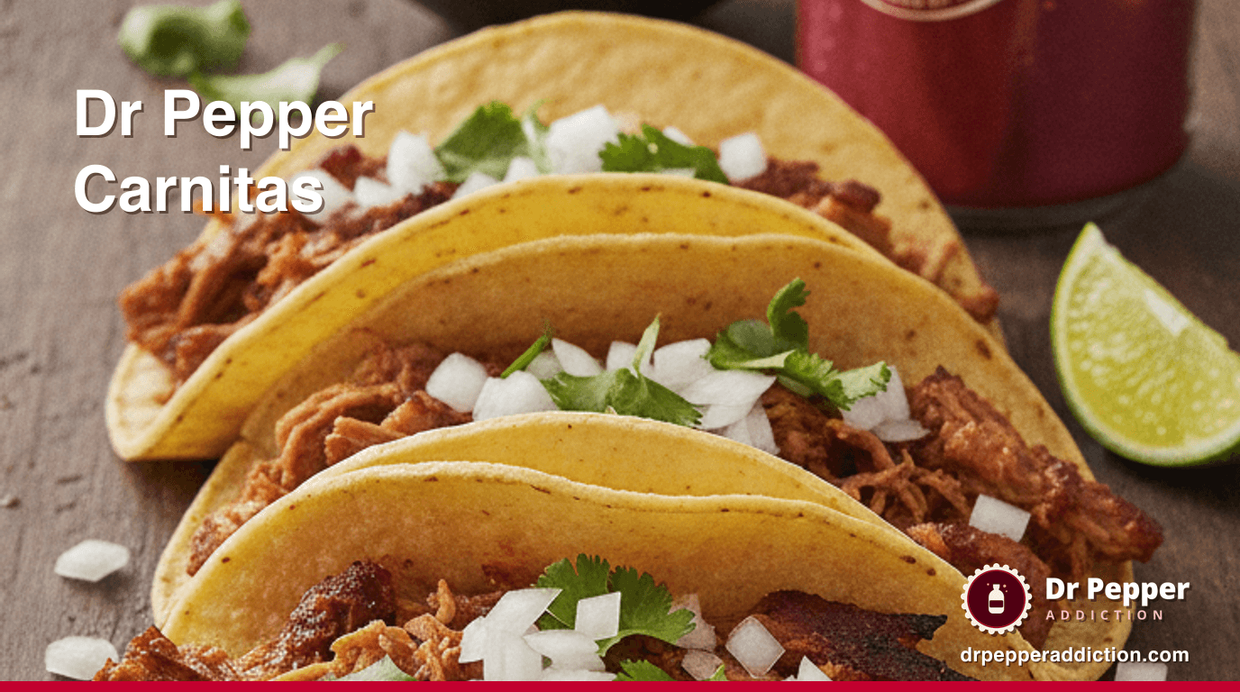 Three Dr Pepper carnitas tacos with crispy pork, onion, cilantro and lime, a can of Dr Pepper beside it