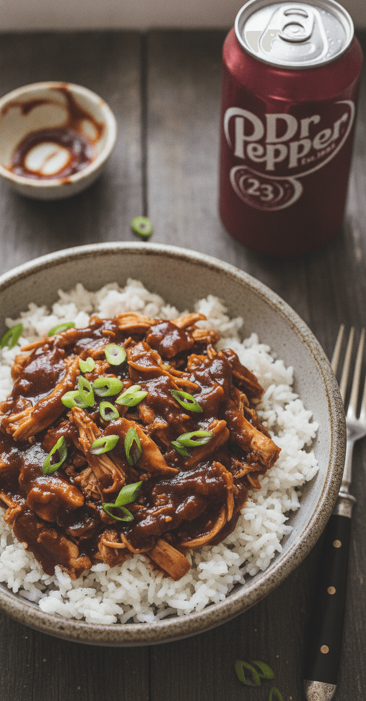 A bowl of shredded Dr Pepper barbecue chicken over rice with scallions, a can of Dr Pepper beside it