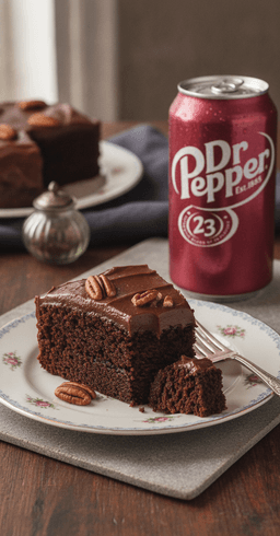 A slice of dark Dr Pepper chocolate sheet cake with fudge frosting and pecans, a can of Dr Pepper beside it