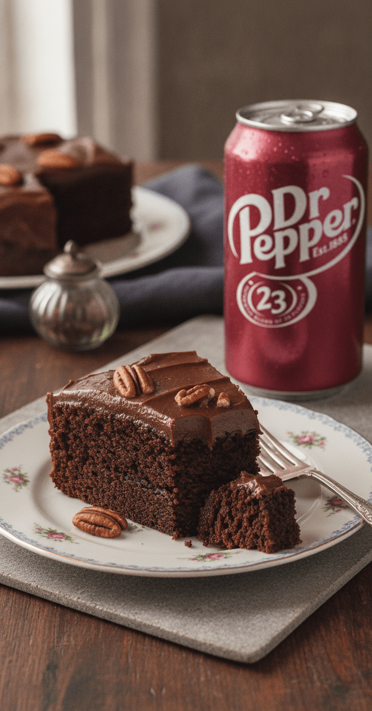 A slice of dark Dr Pepper chocolate sheet cake with fudge frosting and pecans, a can of Dr Pepper beside it