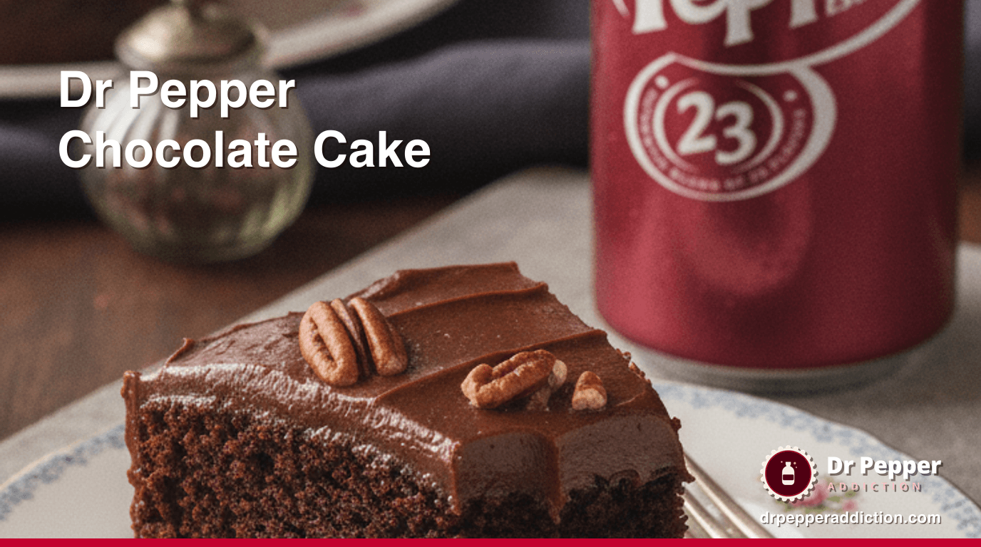 A slice of dark Dr Pepper chocolate sheet cake with fudge frosting and pecans, a can of Dr Pepper beside it
