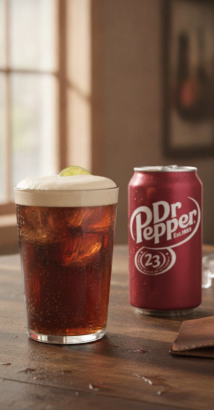A tall amaretto Dr Pepper cocktail with a foamy head over ice, a can of Dr Pepper beside it