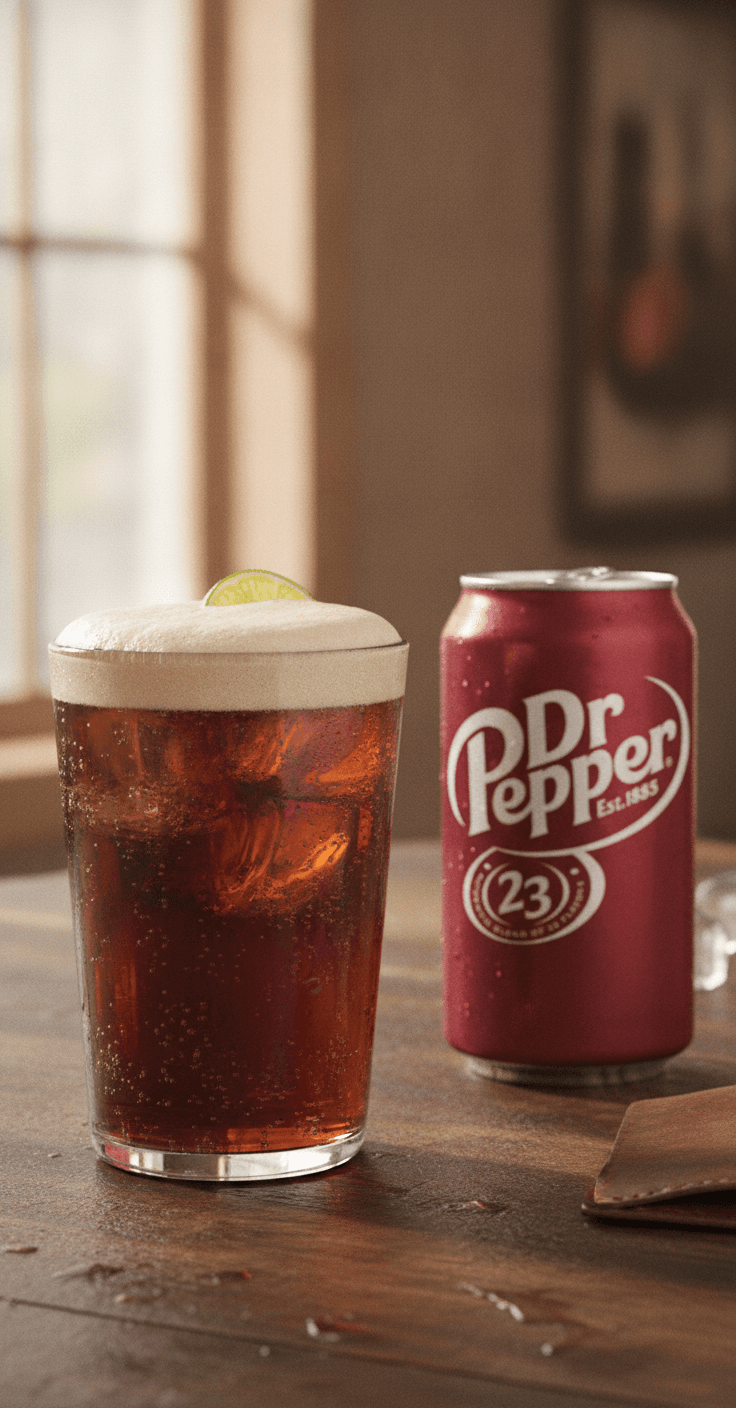 A tall amaretto Dr Pepper cocktail with a foamy head over ice, a can of Dr Pepper beside it