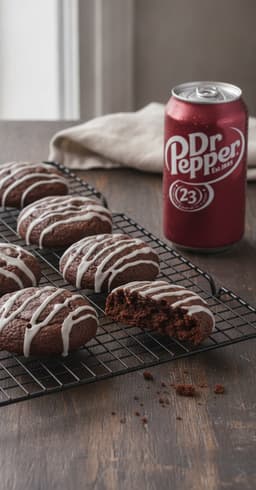 Soft round chocolate cookies with a shiny white glaze drizzled over them, cooling on a wire rack, one broken open to show a fudgy center