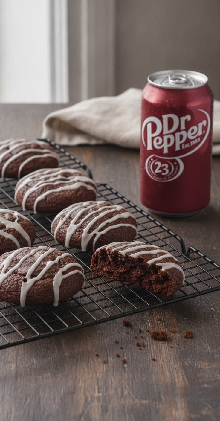 Soft round chocolate cookies with a shiny white glaze drizzled over them, cooling on a wire rack, one broken open to show a fudgy center