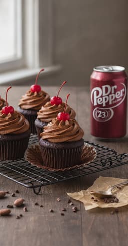 Chocolate Dr Pepper cupcakes topped with fudge buttercream and a cherry, a can of Dr Pepper beside it