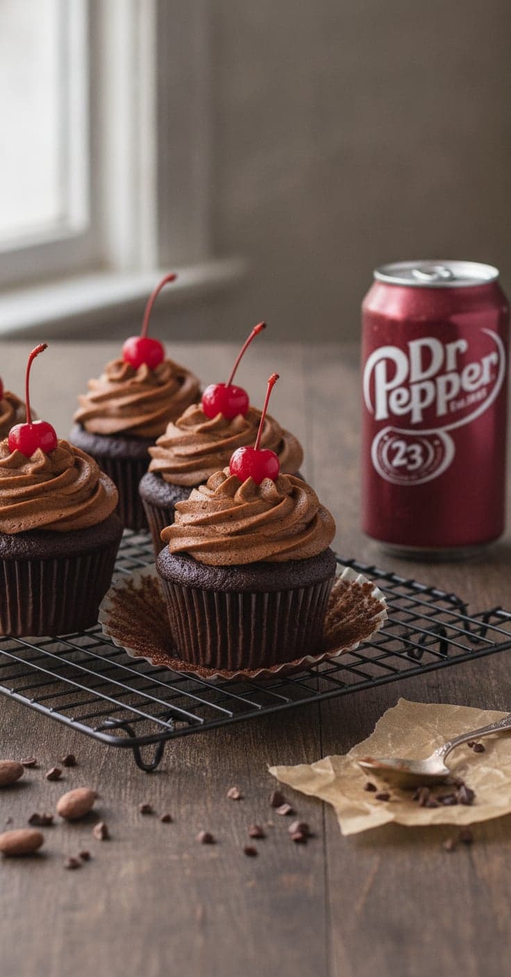 Chocolate Dr Pepper cupcakes topped with fudge buttercream and a cherry, a can of Dr Pepper beside it