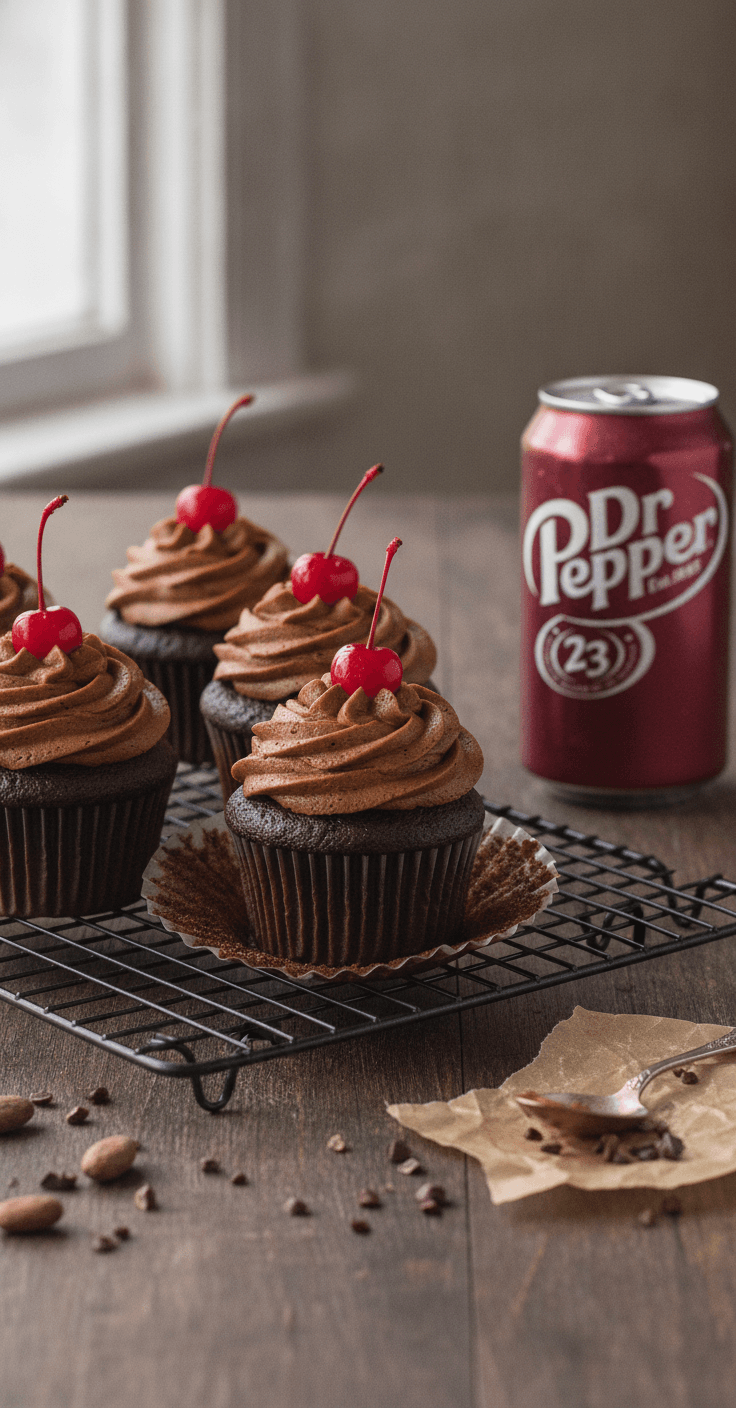Chocolate Dr Pepper cupcakes topped with fudge buttercream and a cherry, a can of Dr Pepper beside it