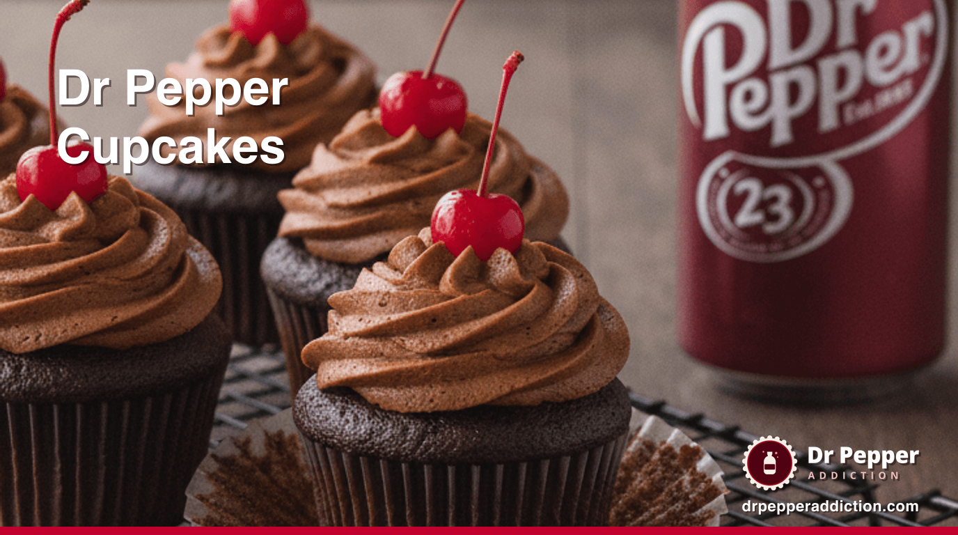 Chocolate Dr Pepper cupcakes topped with fudge buttercream and a cherry, a can of Dr Pepper beside it