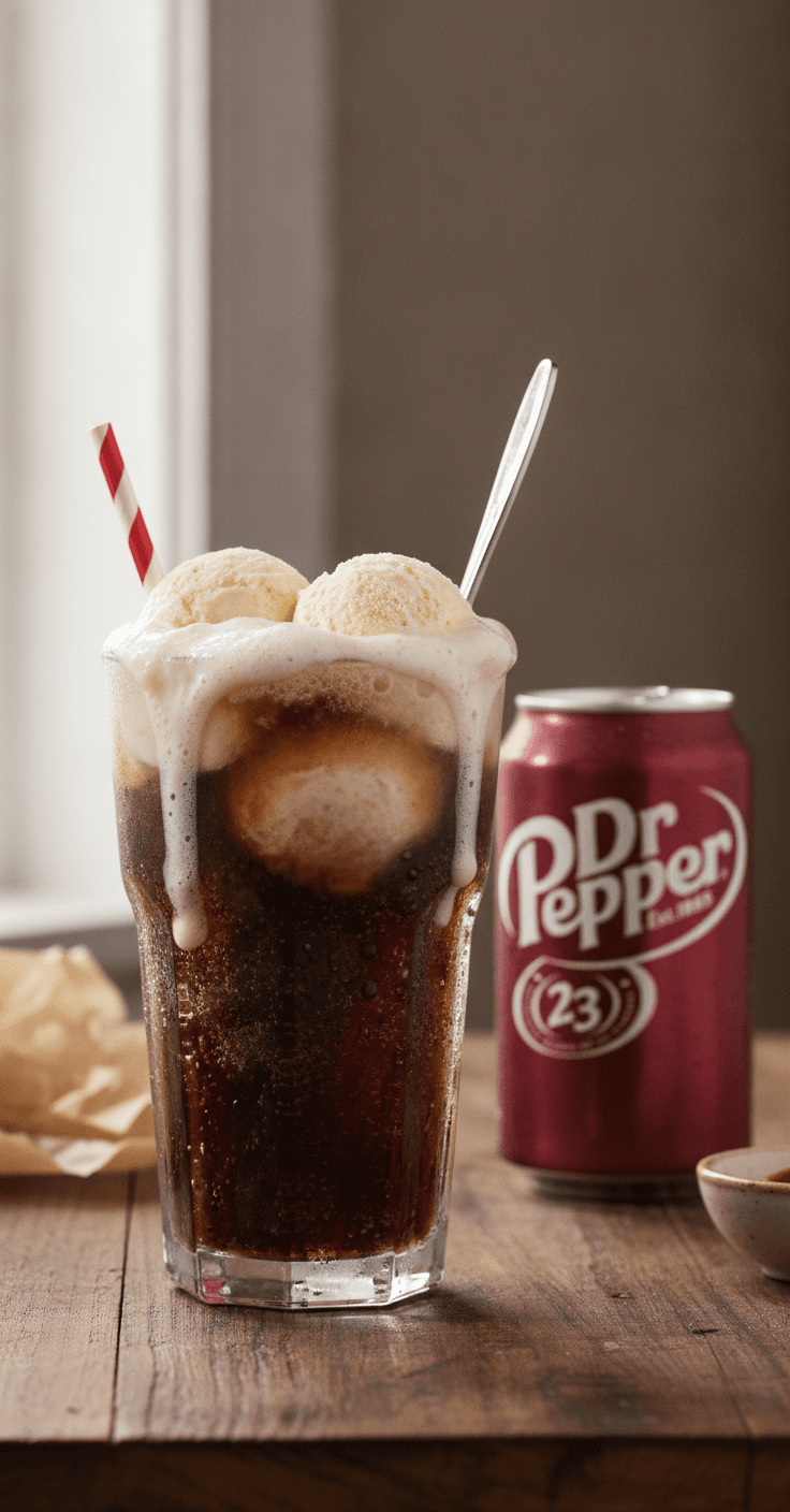 A tall frosty Dr Pepper float with vanilla ice cream foaming over the top and a straw, a can of Dr Pepper beside it