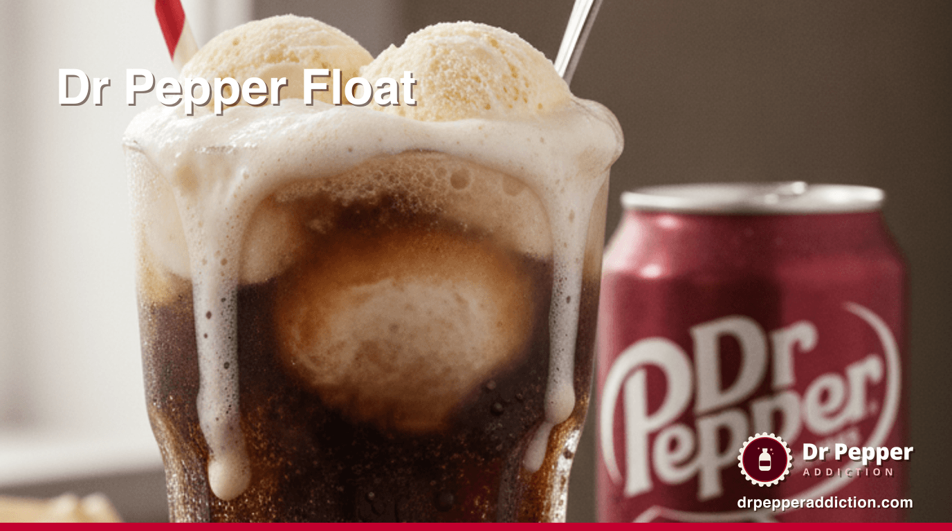 A tall frosty Dr Pepper float with vanilla ice cream foaming over the top and a straw, a can of Dr Pepper beside it