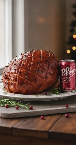 A spiral-cut Dr Pepper glazed ham, caramelized and studded with cloves, a can of Dr Pepper beside it