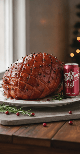 A spiral-cut Dr Pepper glazed ham, caramelized and studded with cloves, a can of Dr Pepper beside it