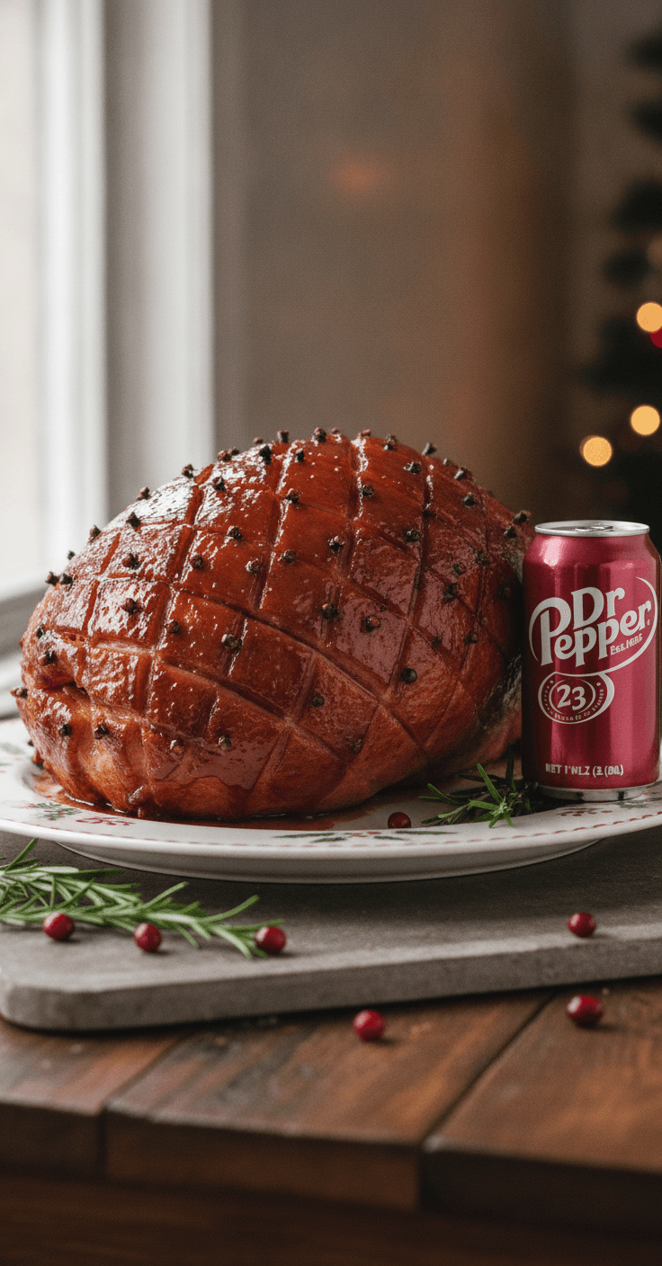 A spiral-cut Dr Pepper glazed ham, caramelized and studded with cloves, a can of Dr Pepper beside it