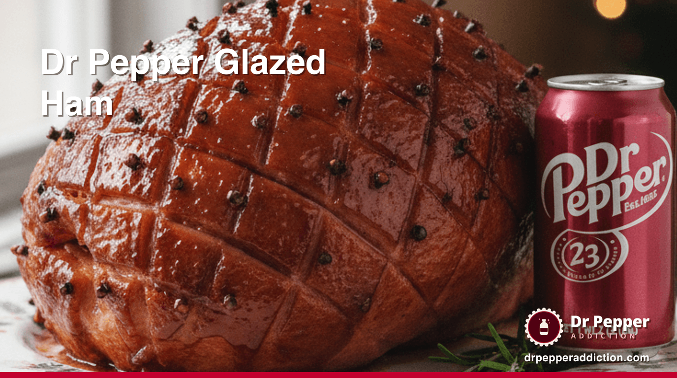 A spiral-cut Dr Pepper glazed ham, caramelized and studded with cloves, a can of Dr Pepper beside it