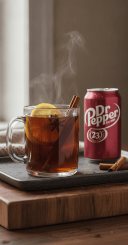 A warm Dr Pepper hot toddy in a glass mug with a lemon slice and cinnamon stick, a can of Dr Pepper beside it