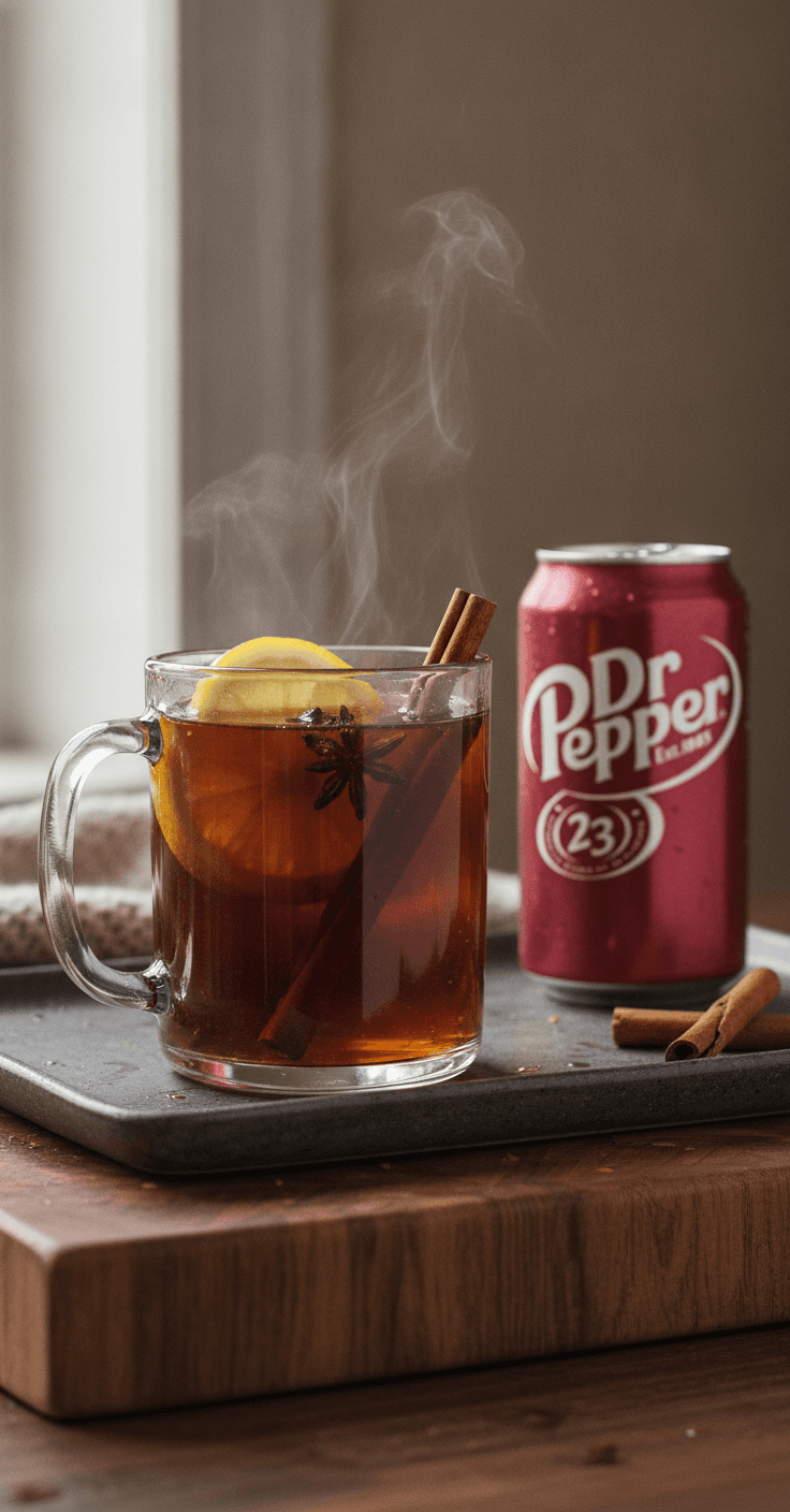 A warm Dr Pepper hot toddy in a glass mug with a lemon slice and cinnamon stick, a can of Dr Pepper beside it